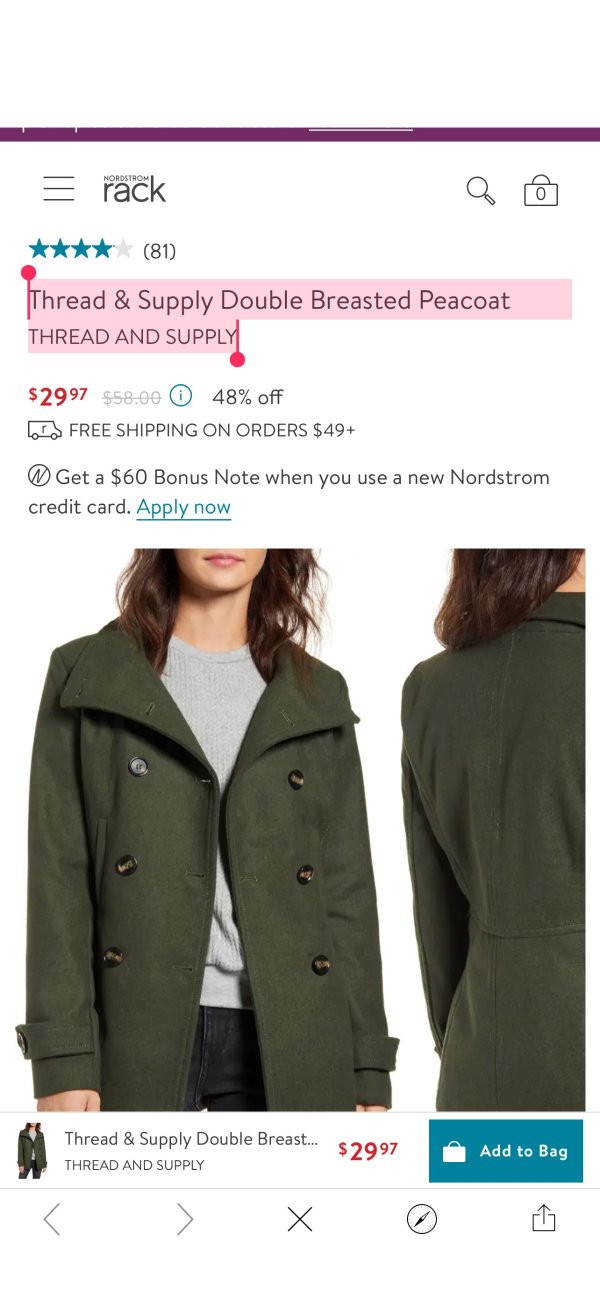 THREAD AND SUPPLY Thread & Supply Double Breasted Peacoat | Nordstromrack