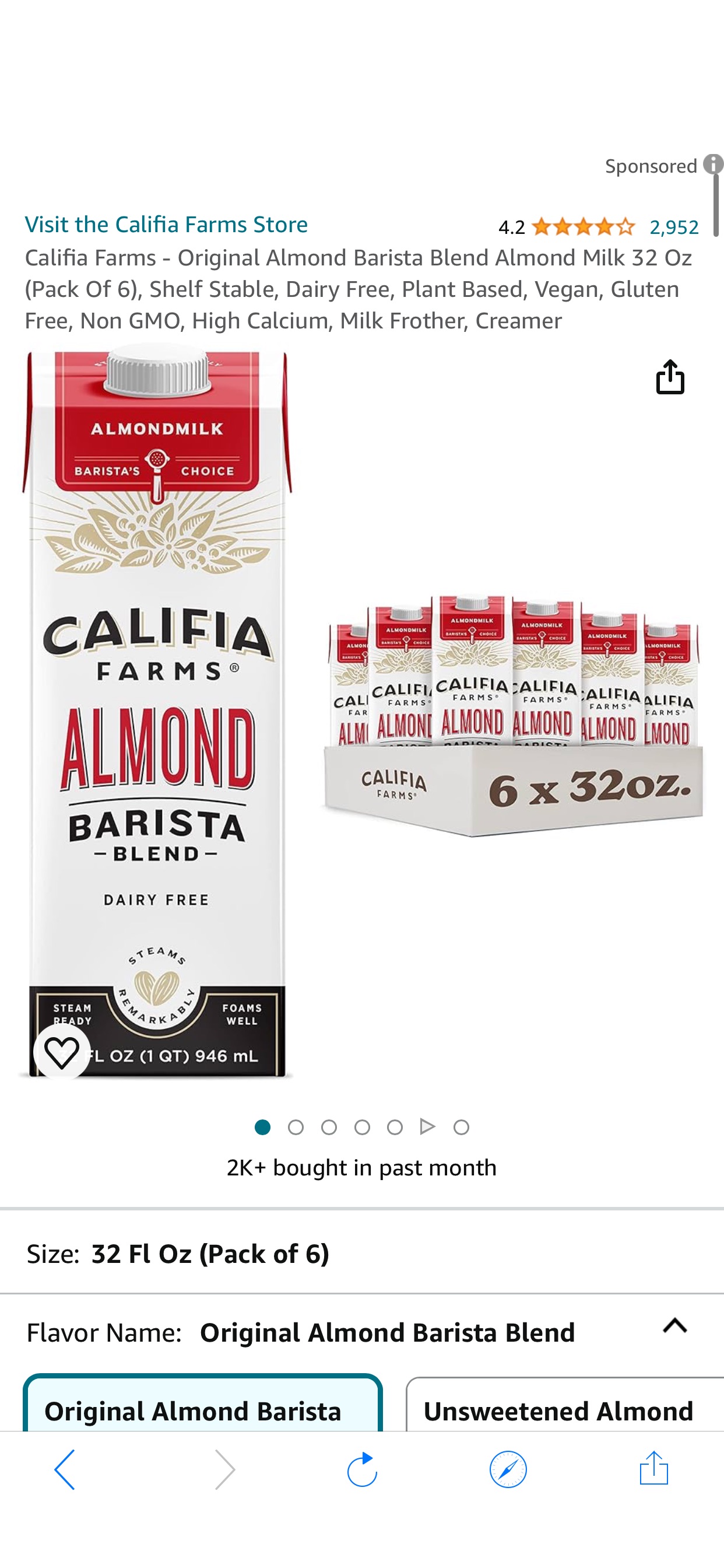 Amazon.com: Califia Farms - Original Almond Barista Blend Almond Milk 32 Oz (Pack Of 6), Shelf Stable, Dairy Free, Plant Based, Vegan, Gluten Free, Non GMO, High Calcium, Milk Frother, Creamer : Groce