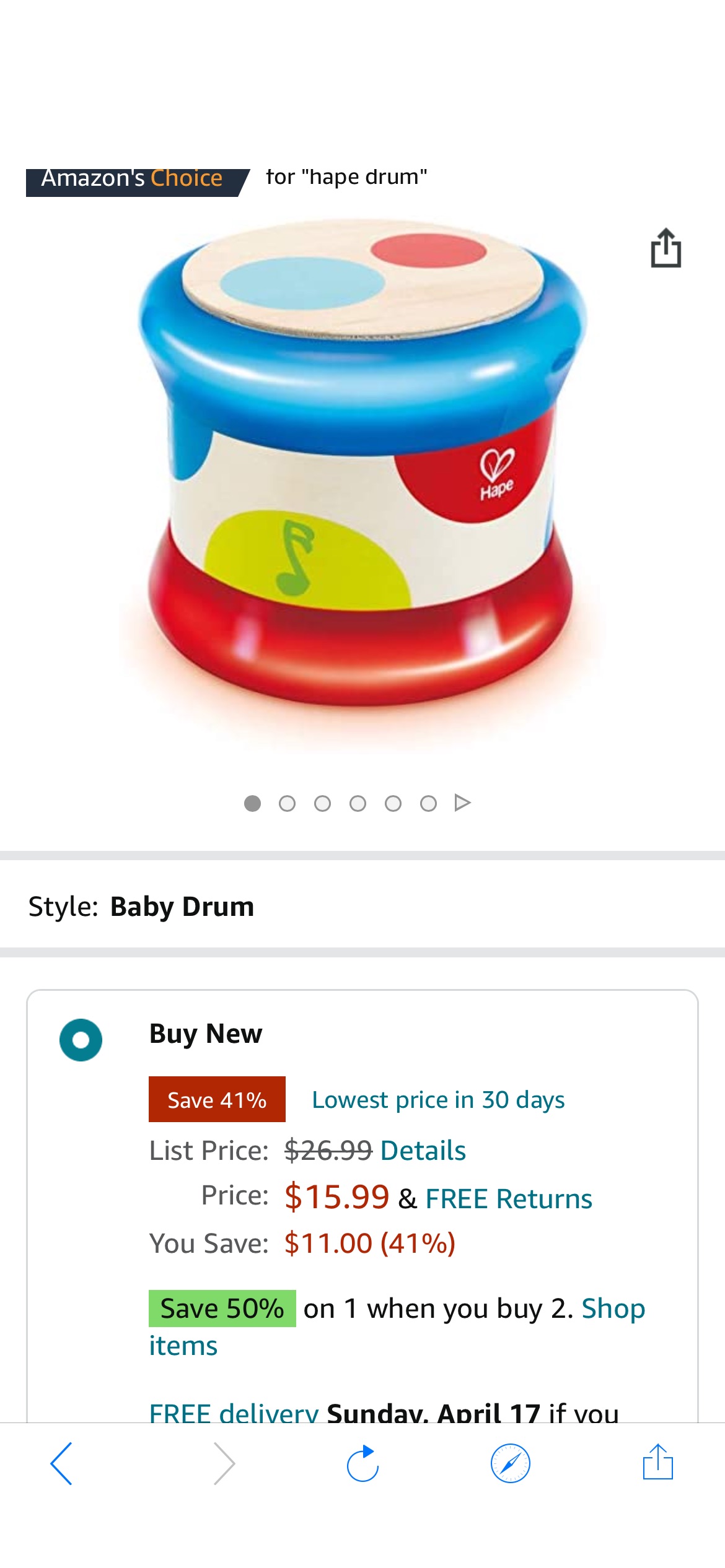 Amazon.com: Hape Baby Drum | Colorful Rolling Drum Musical Instrument Toy For Toddlers, Rhythm & Sound Learning, Battery Powered (E0333), hape手鼓