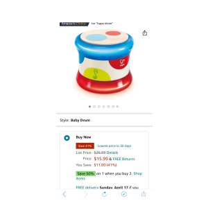 $15.99 Amazon.com: Hape Baby Drum | Colorful Rolling Drum Musical Instrument Toy For Toddlers, Rhythm & Sound Learning, Battery Powered (E0333), hape手鼓