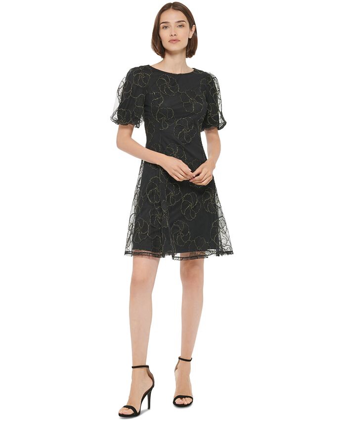 DKNY Women's Floral-Embellished Puff-Sleeve Dress - Macy's