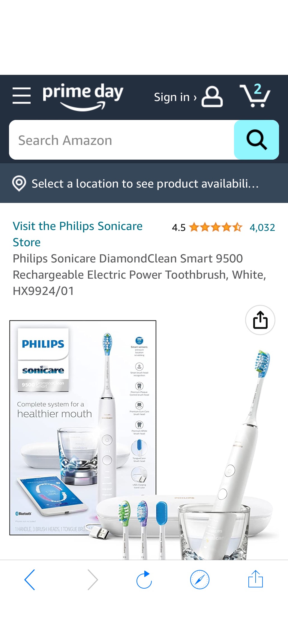 Amazon.com: Philips Sonicare DiamondClean Smart 9500 Rechargeable Electric Power Toothbrush, White, HX9924/01 : Health & Household原价279.95