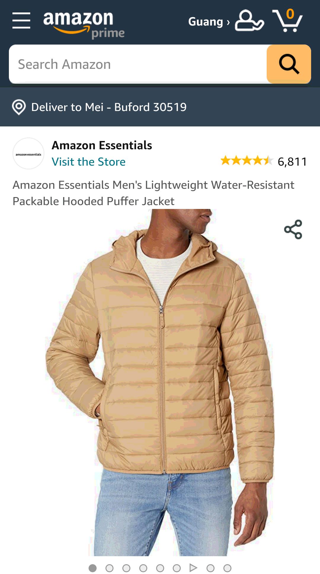 Men's Lightweight Water-Resistant Packable Hooded Puffer Jacket, 男士轻薄外套