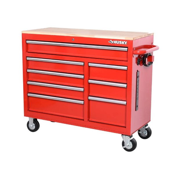Husky 42 in. W x 18.1 in. D 8-Drawer Red Mobile Workbench Cabinet with Solid Wood Top