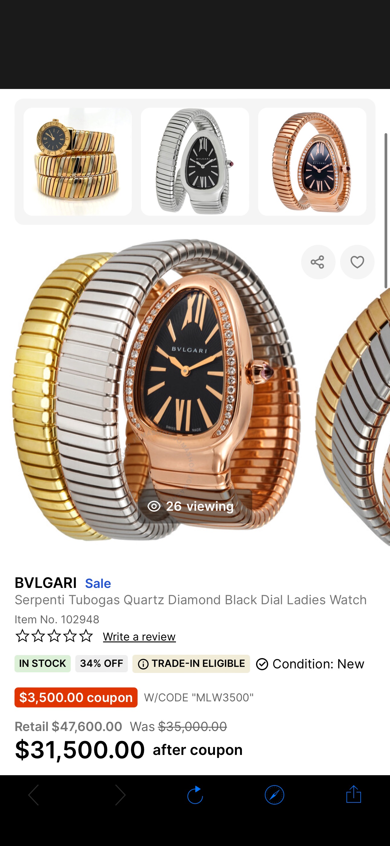 Bvlgari Serpenti Tubogas Quartz Diamond Black Dial Ladies Watch 102948 - Watches, Serpenti Tubogas - Jomashop