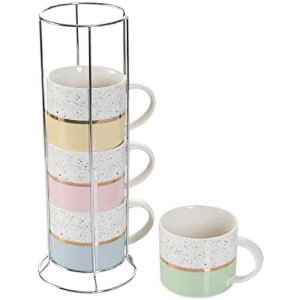 $25.49 Hasense Stackable Coffee Mugs Set of 4 with Metal Stand, 15 Ounce Large Stacking Ceramic Cups with Rack Perfect for Coffee Cocoa Latte Milk and Tea, Assorted Color : Home & Kitchen 咖啡杯套组