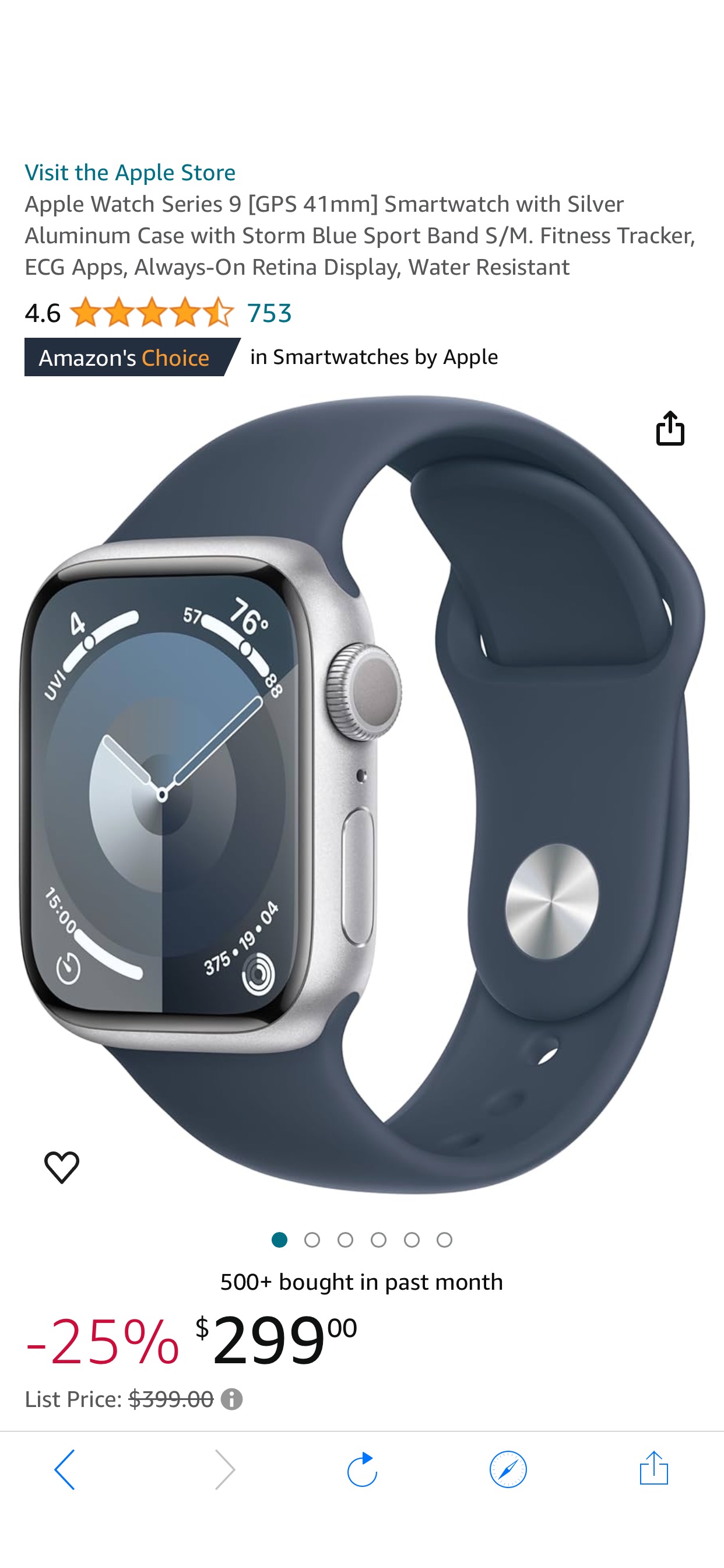 Amazon.com: Apple Watch Series 9 [GPS 41mm] Smartwatch with Silver Aluminum Case with Storm Blue Sport Band S/M. Fitness Tracker, ECG Apps, Always-On Retina Display, Water Resistant : Electronics苹果手表