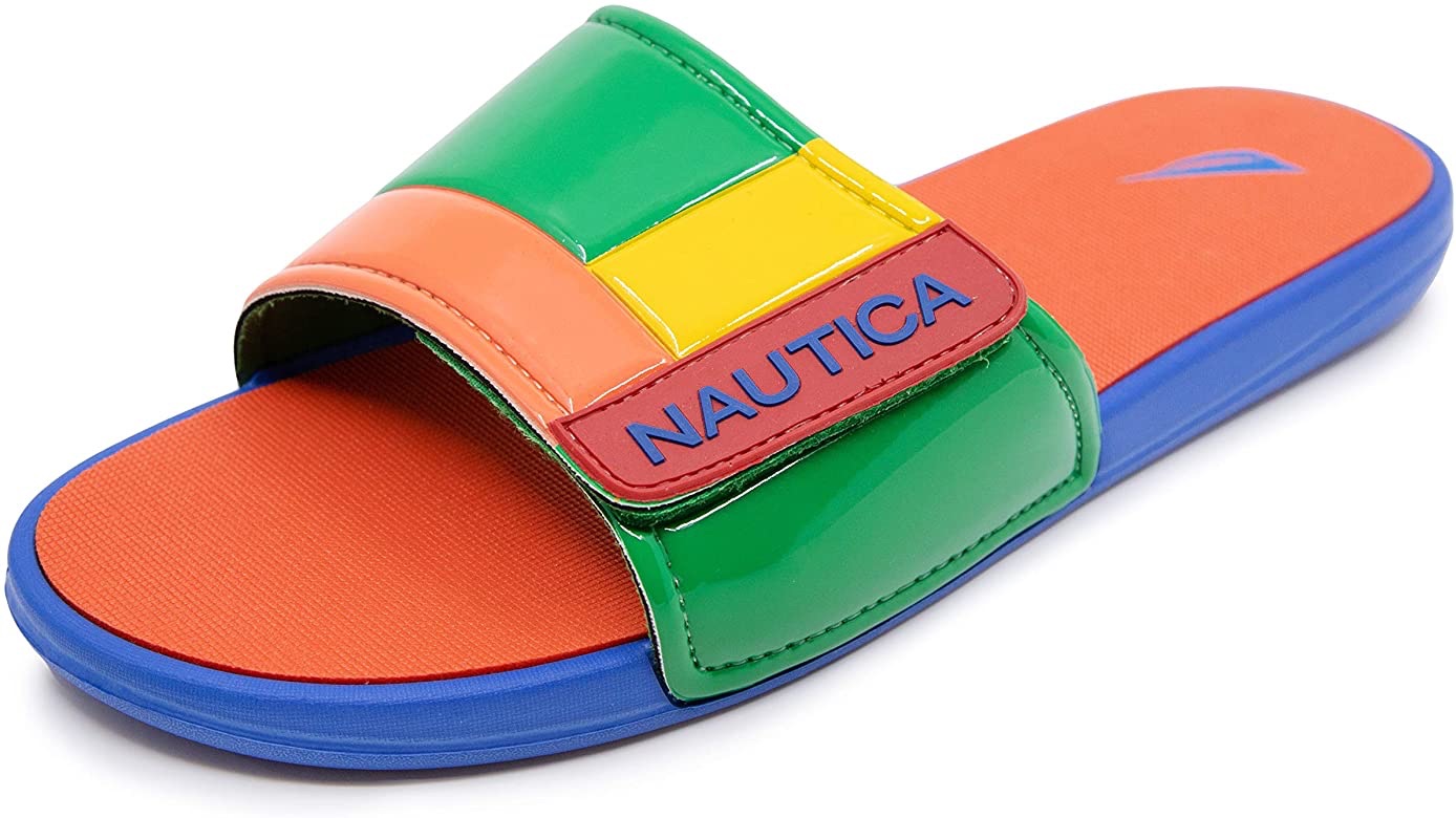Amazon.com | Nautica Men's Athletic Slide, Adjustable Straps Comfort Sandal Bower-Green/Yellow/Orange-撞色沙滩凉拖