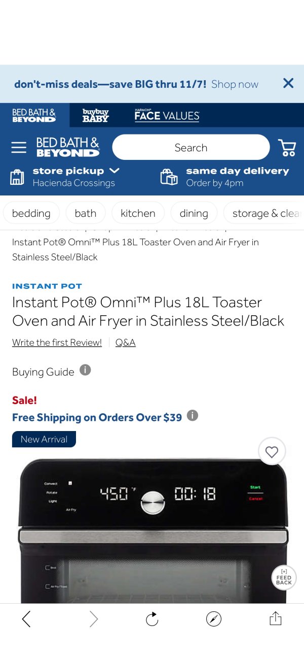 Instant Pot® Omni™ Plus 18-Liter Toaster Oven and Air Fryer in Stainless Steel/Black | Bed Bath & Beyond