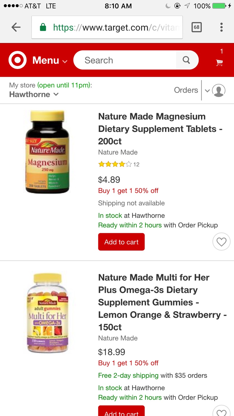 Vitamins & Supplements : Target 维他命及营养保充品买一件第二件5折