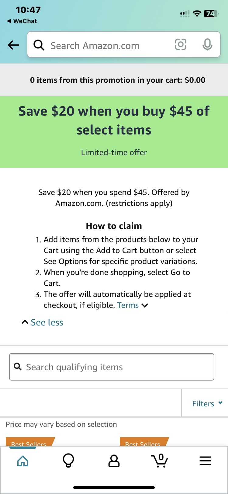 Amazon 个人护理用品折扣，消费 $45 减 $20
