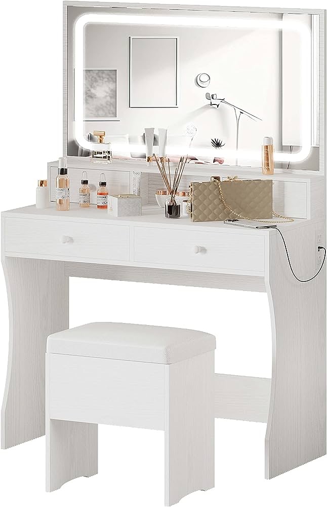 Amazon.com: IRONCK Vanity Desk Set with LED Lighted Mirror & Power Outlet, Makeup Vanity Table with 4 Drawers,Storage Bench,for Bedroom, Bathroom, White : Home & Kitchen 化妆桌