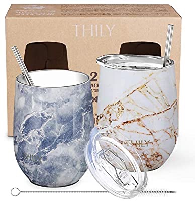 Amazon.com: 不锈钢保温玻璃酒杯-十二盎司带盖和金属吸管的热旅行无茎玻璃杯，2个装（金大理石+蓝色大理石）