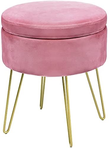 Amazon.com: YITAHOME Round Velvet Storage Ottoman Upholstered Vanity Chair Foot Rest Stool with Gold Metal Legs & Tray Top Coffee Table for Living Room Bedroom, Pink: Furniture & Decor收纳桌