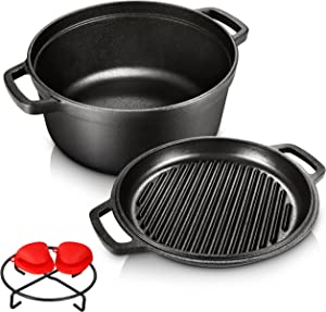 Amazon.com: Pre-Seasoned Cast Iron 2-In-1 Heavy-Duty 5.5qt Dutch Oven With Skillet Lid Set, Oven,Grill, Stove Top, BBQ and Induction Safe: Home &amp; Kitchen