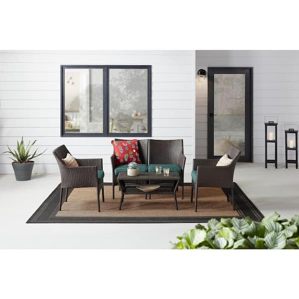 StyleWell Terrace View 4-Piece Wicker Patio Conversation Set with Green Cushions GT-6356B-SSRSET - The Home Depot