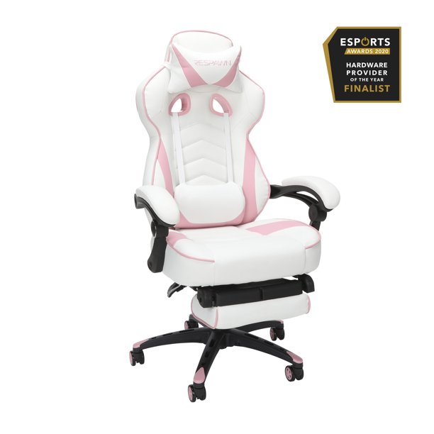 RESPAWN 110赛车风格游戏椅，带脚凳的可躺式人体工学真皮椅子，粉白色
