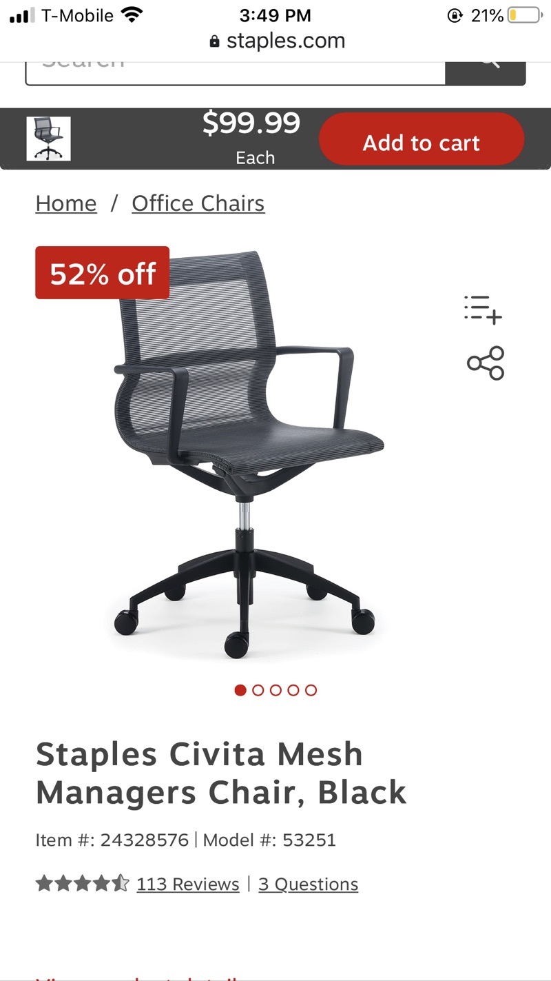 Staples Civita Mesh Managers Chair, Black (53251) at Staples 电脑椅