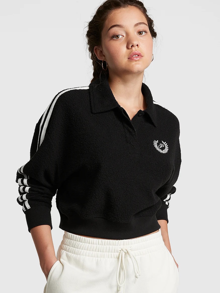 Buy Reverse Fleece Cropped Polo Sweatshirt - Order Hoodies & Sweatshirts online 1123431000 - PINK US