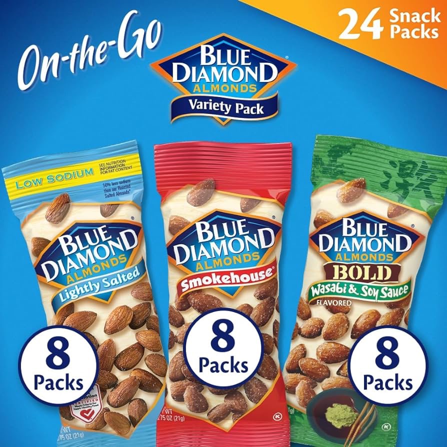 Amazon.com : Blue Diamond Almonds Snack Nut Variety Pack for Kids, Office, School, On-the-go, 0.75 oz Gluten Free Individual Packs, Wasabi & Soy Sauce, Lightly Salted, and Smokehouse, 24 Count : Groce