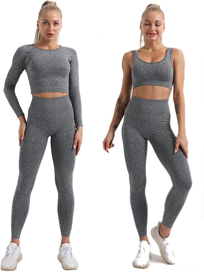Amazon.com: YZMJAFU 女式无缝瑜伽服 3 件套锻炼运动文胸和长袖七分上衣和高腰紧身裤