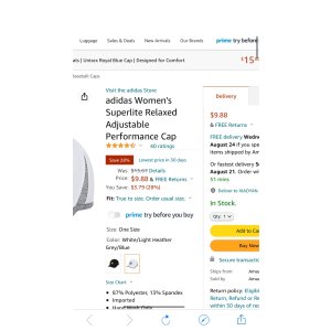 $9.88 adidas Women s Superlite Relaxed Adjustable Performance Cap, White/Light Heather 阿迪达斯鸭舌帽