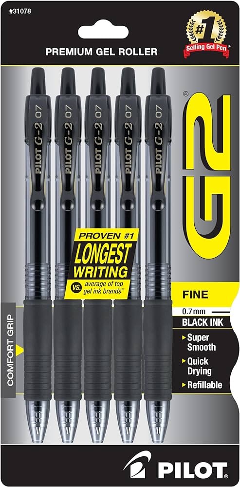 Amazon.com: Pilot, G2 Premium Gel Roller Pens, Fine Point 0.7 mm, Black, Pack of 5 : Office Products
