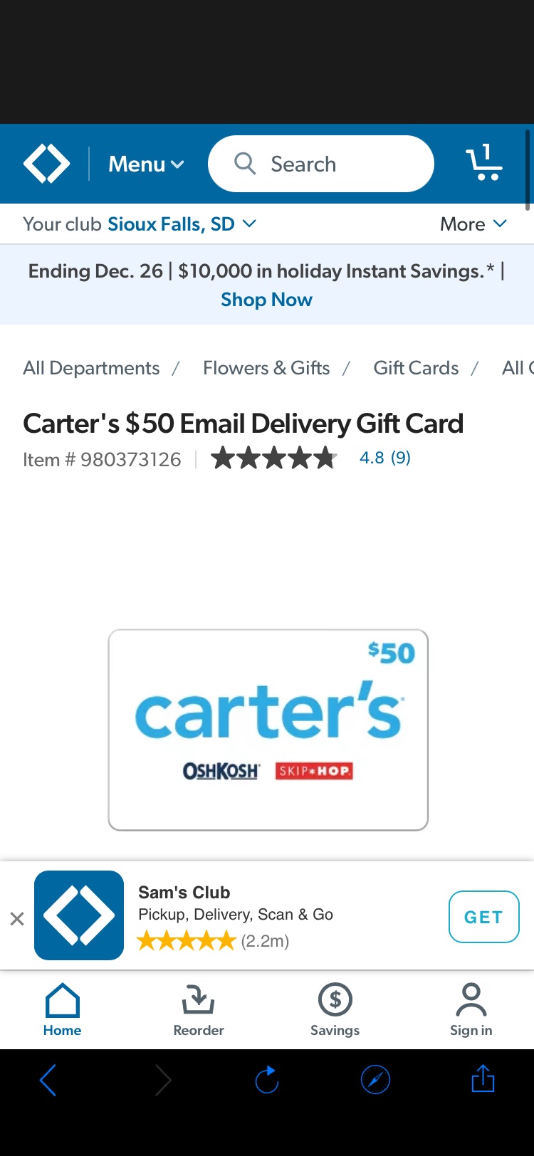 Carter's $50 Email Delivery Gift Card - Sam's Club