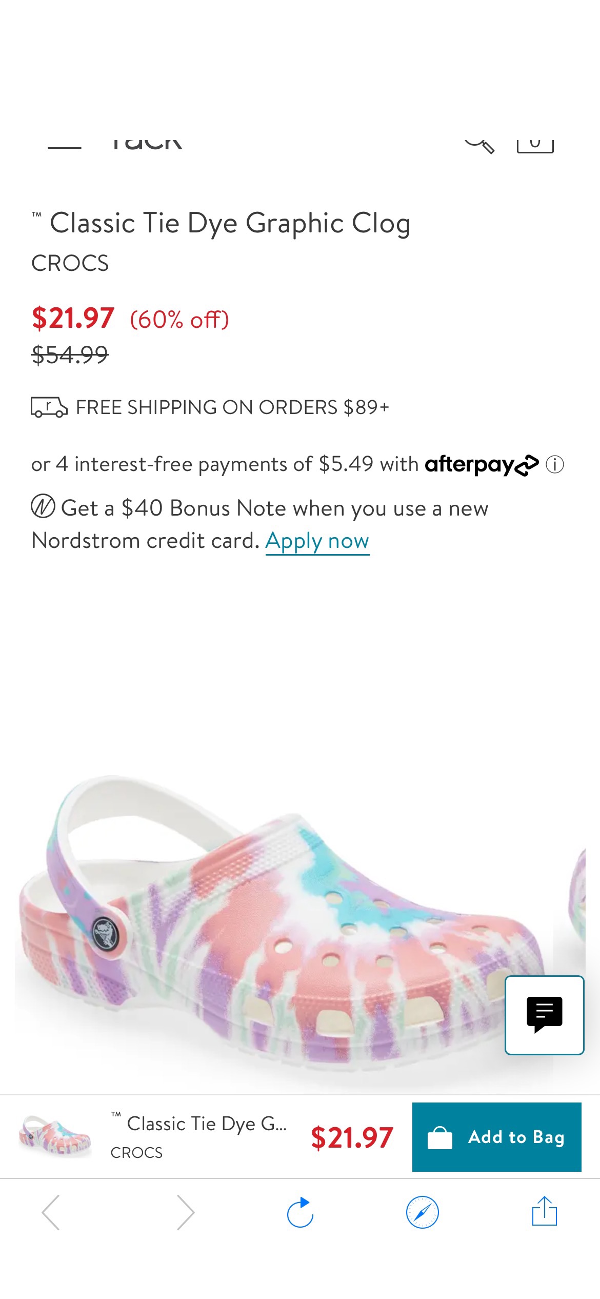 Nordstrom rack 现有CROCS ™ Classic Tie Dye Graphic Clog 洞洞鞋 扎染色 原价＄54.99， 现在60%off $21.97