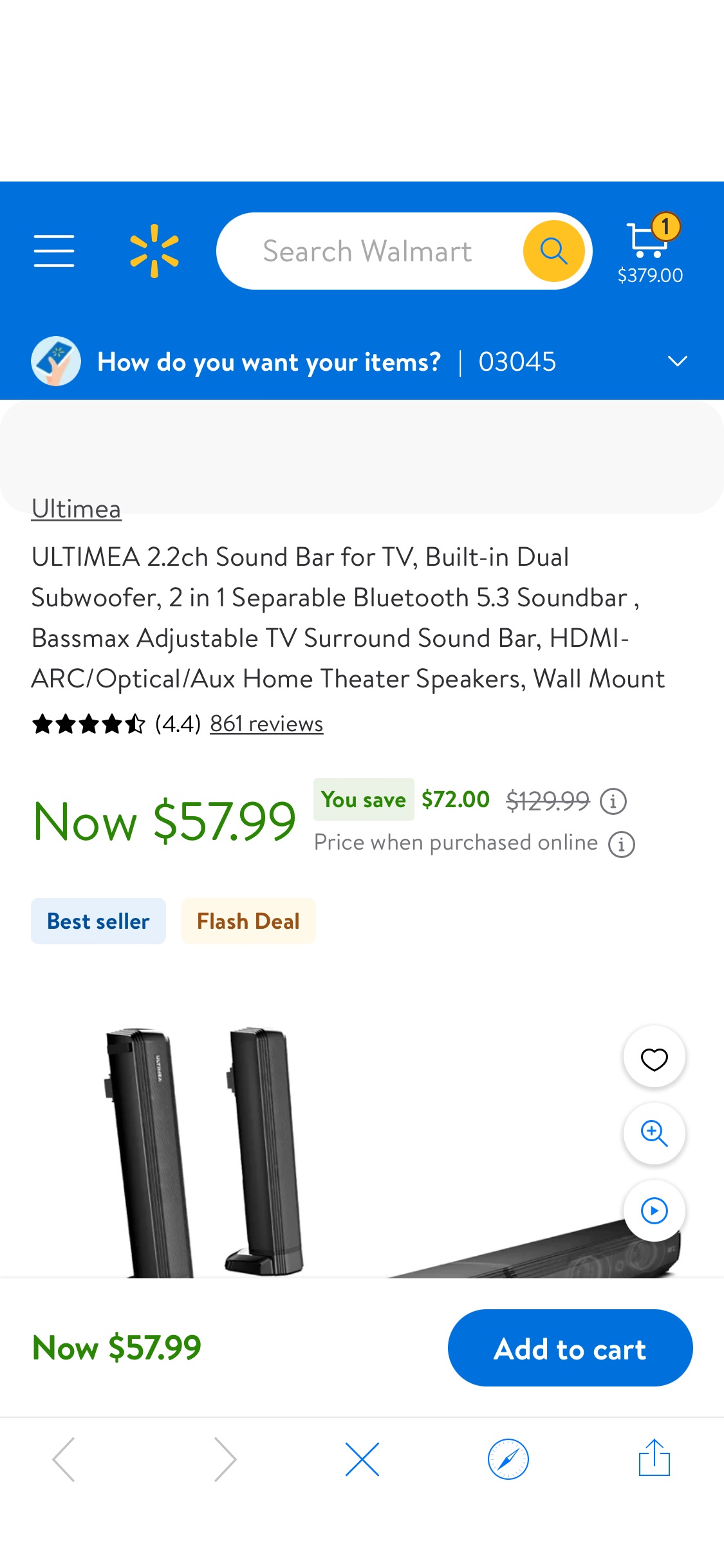 ULTIMEA 2.2ch Sound Bar for TV, Built-in Dual Subwoofer, 2 in 1 Separable Bluetooth 5.3 Soundbar , Bassmax Adjustable TV Surround Sound Bar, HDMI-ARC/Optical/Aux Home Theater Speakers, Wall Mount - Wa