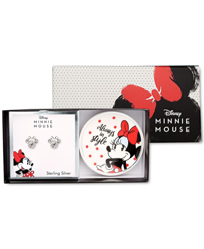 Disney Minnie Mouse Clear Crystal Stud Earrings in Sterling Silver with Bonus Trinket Dish 米奇耳釘