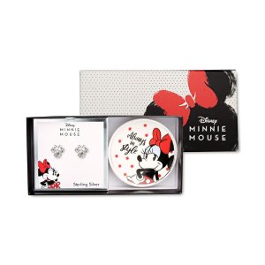 $30 Disney Minnie Mouse Clear Crystal Stud Earrings in Sterling Silver with Bonus Trinket Dish 米奇耳釘