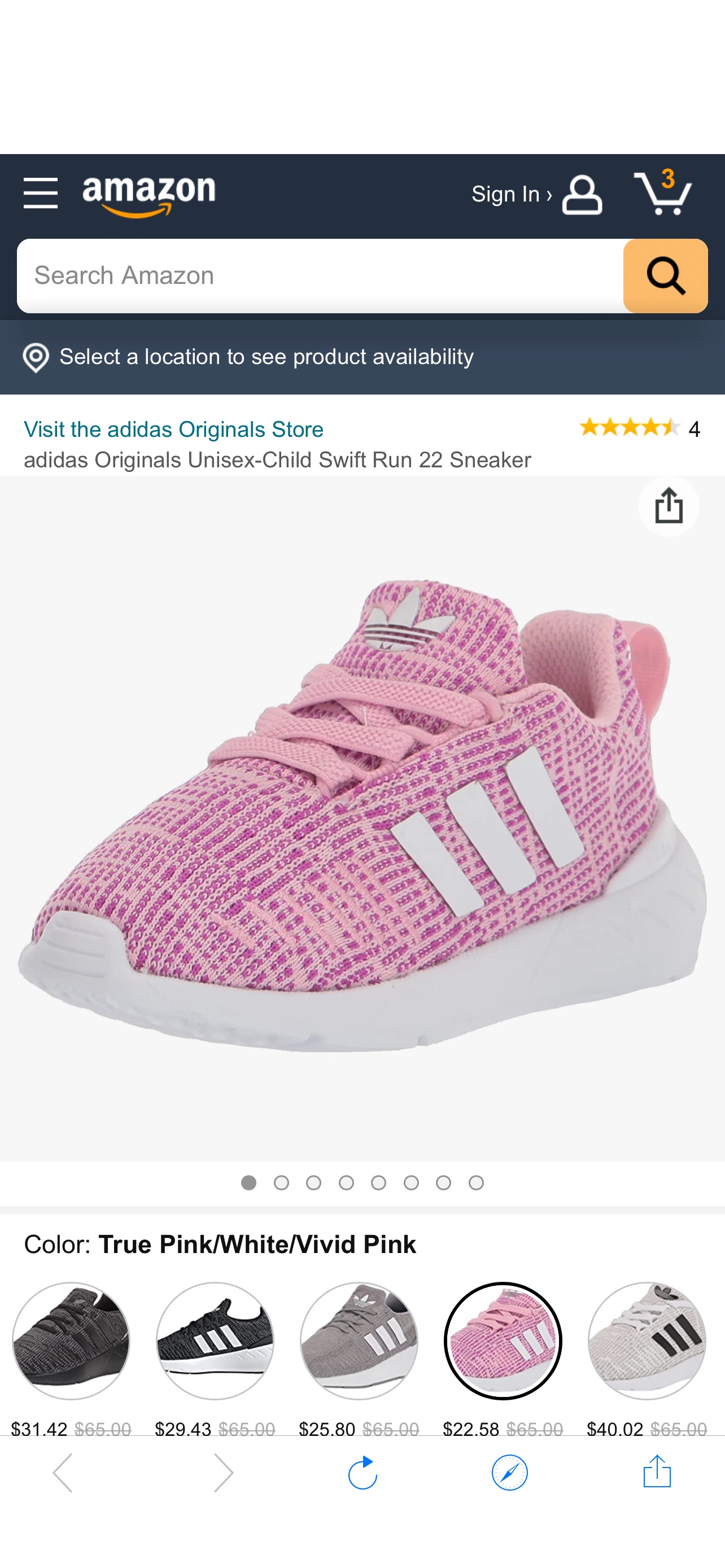 Amazon.com | adidas Originals Swift Run 22 Sneaker, True Pink/White/Vivid Pink, 7 US Unisex Big Kid | Road Running 阿迪达斯童鞋，大码成人可穿，成人女鞋37，可参考大童5.5或6号.