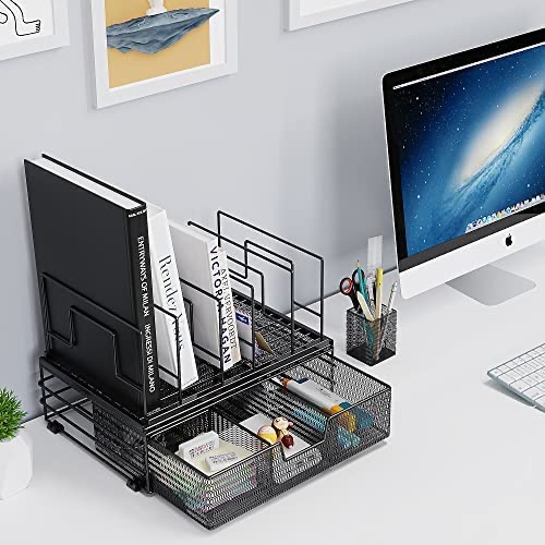 桌面整理器和配件存储，5 个立式文件夹架桌面整理器，带滑动抽屉和笔架，粉色家庭办公用品桌面整理器