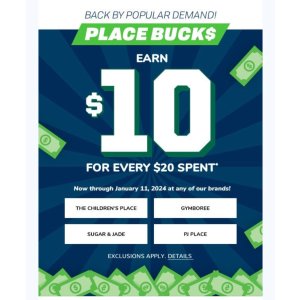 The Children s Place 买满$20送$10 Place Buck$