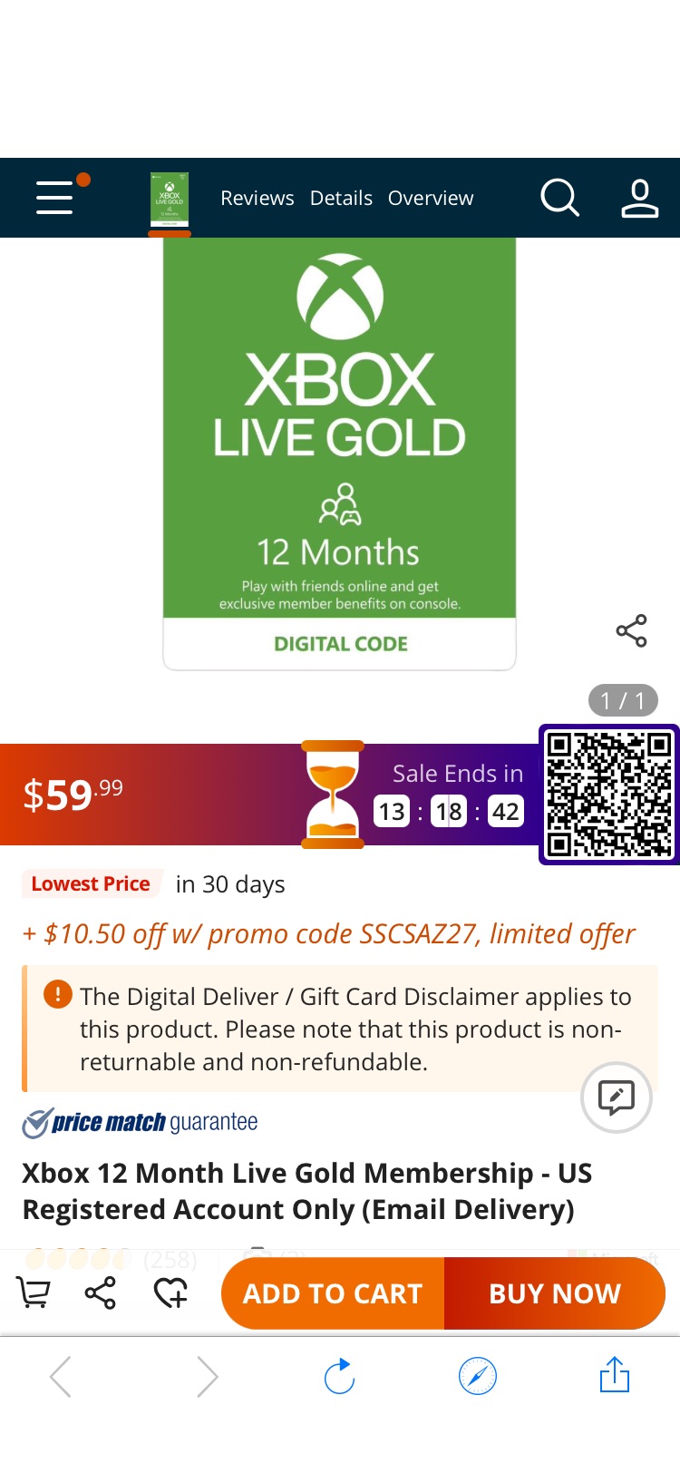 Xbox LIVE 12 Month Gold Membership 使用折扣码SSCSAZ27，49.49入- Newegg.com