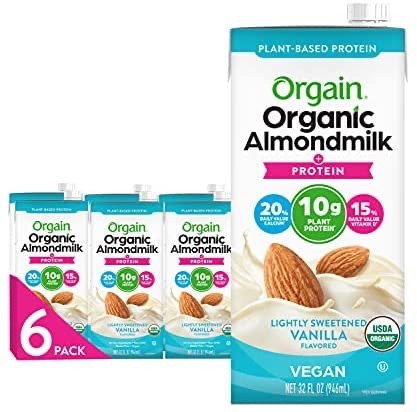 Orgain Organic Plant Based Protein Almond Milk, Lightly Sweetened - Non Dairy, Lactose Free, Vegan, Plant Based, Gluten Free, Soy Free, Kosher, Non-GMO, 32 Ounce (Pack of 6)