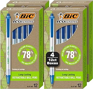 Amazon.com : BIC Ecolutions Clic Stic Blue Ballpoint Pens, Medium Point (1.0mm), 48-Count Pack, Retractable Ball Point Pens Made from 78% Recycled Plastic : Office Products