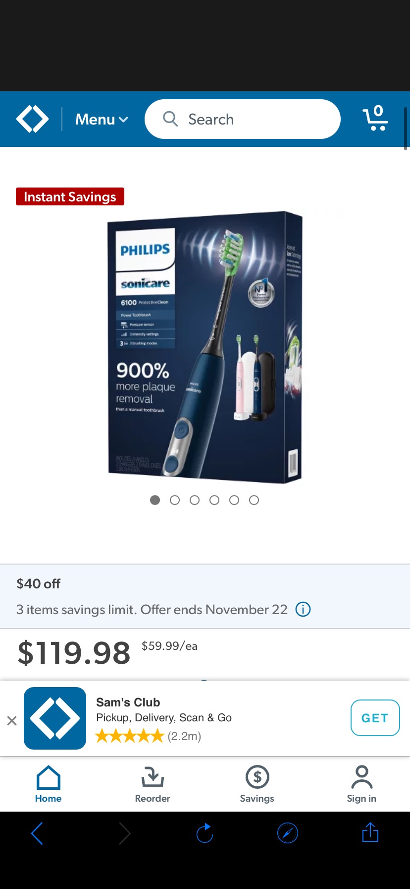 Philips Sonicare 6100 ProtectiveClean Power Toothbrush, 2 pk. (Choose Your Color) - Sam's Club