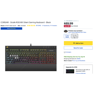 $89.99 Corsair Strafe RGB 静音轴游戏机械键盘