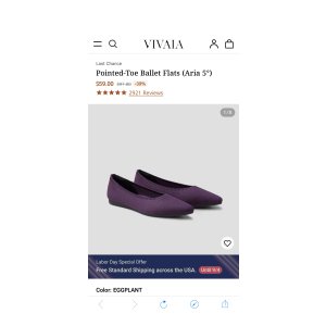 $59.00 Aria5° Pointed Toe Ballet Flats with Arch Support in Eggplant | VIVAIA