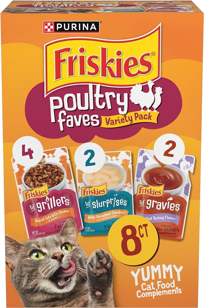 Amazon.com : Purina Friskies Poultry Faves Gravy Cat Food Complements Variety Pack - 8 ct. Box : Pet Supplies