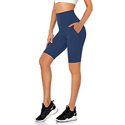 iaoja 8 英寸高腰机车短裤，女式带口袋收腹控制不透明锻炼夏季休闲瑜伽紧身裤