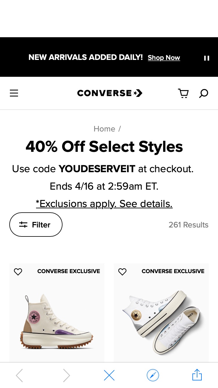 CONVERSE 40% OFF SELECT STYLES

Enter code YOUDESERVEIT at checkout.