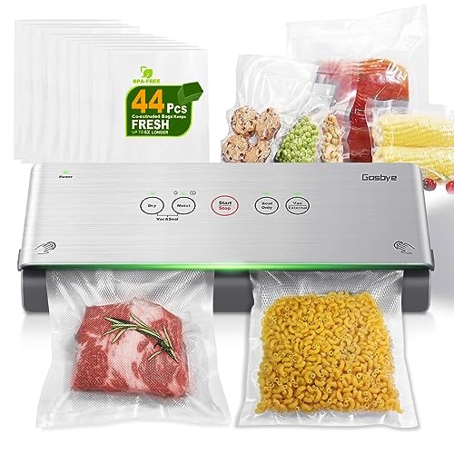 Gasbye 2-Pump Vacuum Sealer Machine, [2X Suction Power], 3 Sealing Modes for Dry, Light/Heavy Wet Food, Sous Vide, with 44 Precut Bags, Easy Clean Removable Drip Tray, Durable Silicone Gasket, Silver 