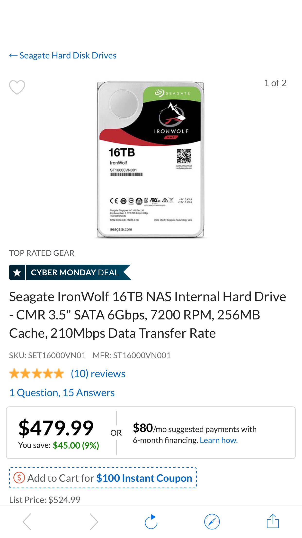Seagate硬盘IronWolf 16TB NAS Internal Hard Drive - CMR 3.5" SATA 6Gbps, 7200 RPM