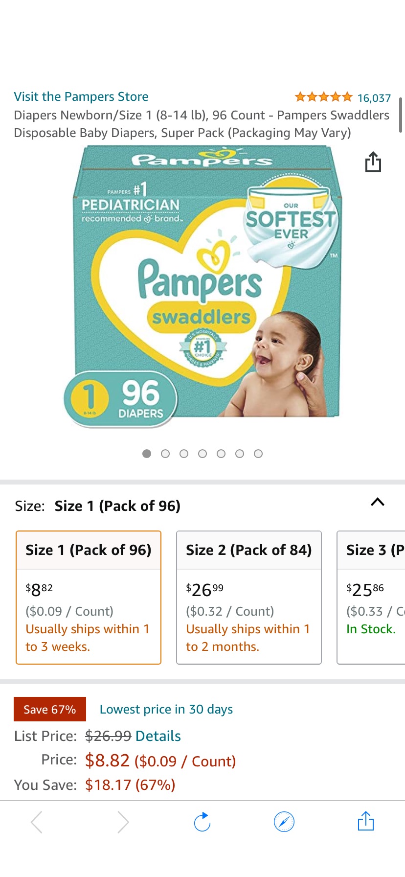 Amazon.com: Diapers Newborn/Size 1 (8-14 lb), 96 Count - Pampers Swaddlers Disposable Baby Diapers, Super Pack (Packaging May Vary) : Everything Else