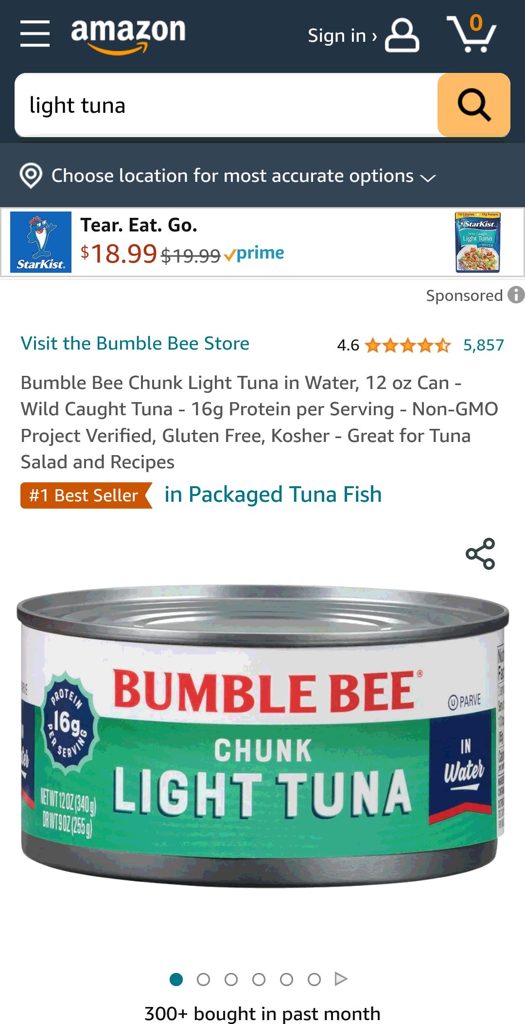 Amazon.com : Bumble Bee Chunk Light Tuna in Water, 12 oz Can - Wild Caught Tuna - 16g Protein per Serving - Non-GMO Project Verified, Gluten Free, Kosher - Great for Tuna Salad and Recipes : Everythin
