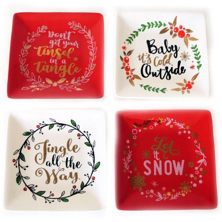 Holiday Sayings 4-Pack Mixed Appetizer Plate Set