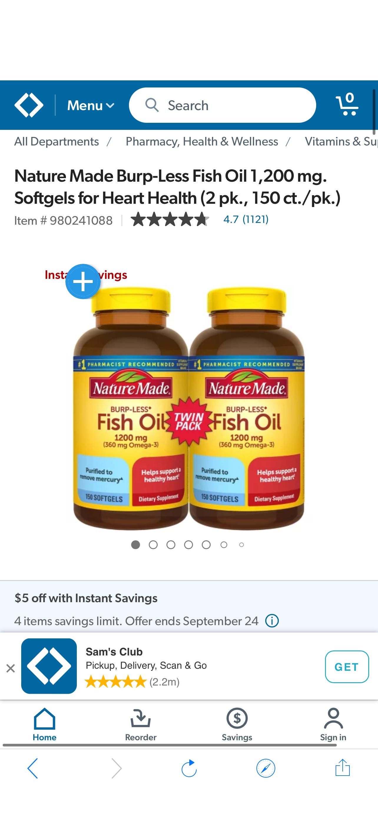Nature Made Burp-Less Fish Oil 1,200 mg. Softgels for Heart Health (2 pk., 150 ct./pk.) - Sam's Club